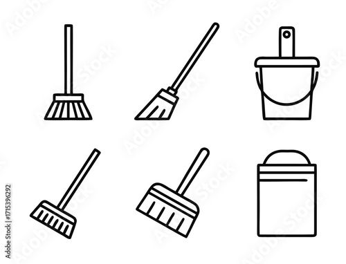 Cleaning tools line art illustration featuring mops bucket and dustpan equipment
