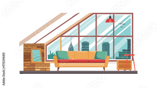 Modern apartment interior design with sofa and city view vector illustration concept home decor