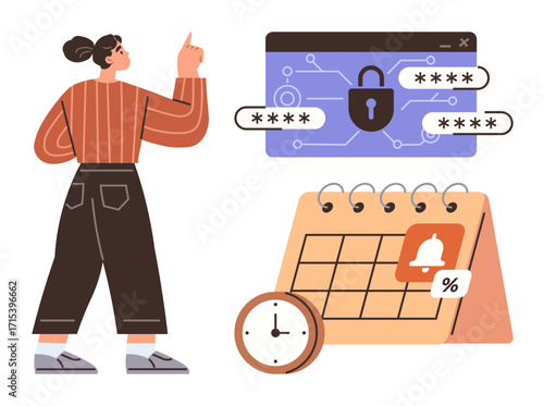 Person pointing at password-protected data and multitasking elements, including a calendar with a percentage reminder and a clock. Ideal for security, planning, productivity, deadlines, protection