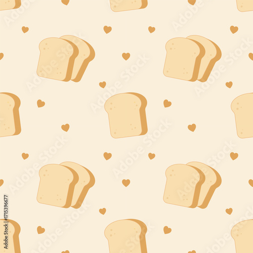Seamless pattern with bread.Slice loaf and hearts isolated on beige background.Food, bakery, kitchen vector graphic illustration background wallpaper.