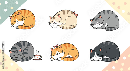 Cartoon sleeping cats curled up in cozy positions, adorable pet illustration in flat design for decoration and children’s themes.