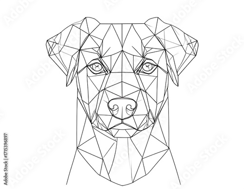 Geometric polygonal illustration of a dog's head, showcasing intricate line work and a modern artistic style.