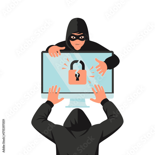 Illustration of a hacker breaking into a computer system with a broken lock on the screen.