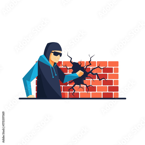 Vector illustration of an anonymous person in a hoodie and sunglasses punching and cracking a red brick wall.