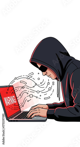 A hooded figure hacking into a system on a laptop.