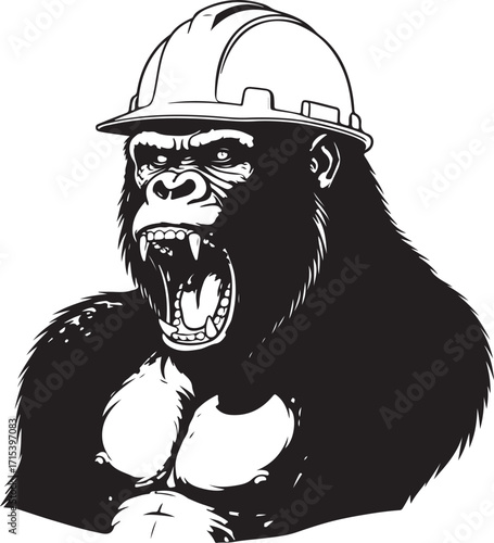 Gorilla in hard hat roaring fiercely silhouette