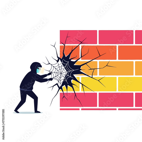 A thief in a black hoodie and mask breaking through a colorful brick wall, symbolizing a security breach or overcoming an obstacle.
