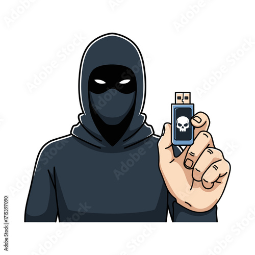 A hooded figure in a mask holds up a USB drive with a skull symbol, representing a cyber threat.