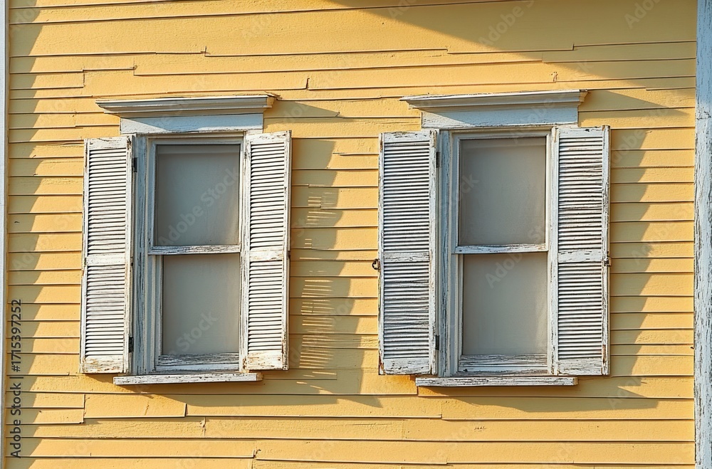 Fototapeta premium Two old white wooden windows with shutters on yellow wooden siding wall in soft sunlight casting shadows