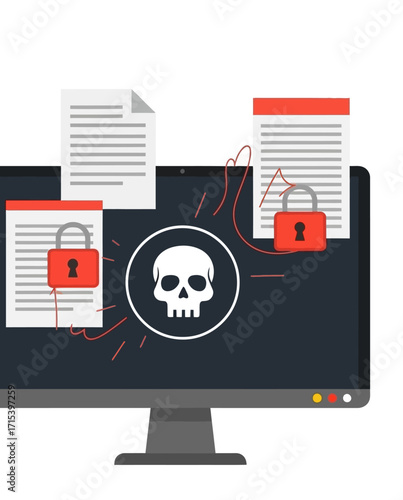 Computer screen displaying a skull icon surrounded by locked documents, symbolizing a cyberattack or ransomware threat.