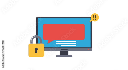 Illustration of a computer monitor displaying a red alert message with a padlock symbolizing security and privacy protection.