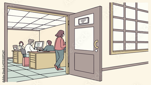 Illustration of office scene with employees working and a woman entering the office door space