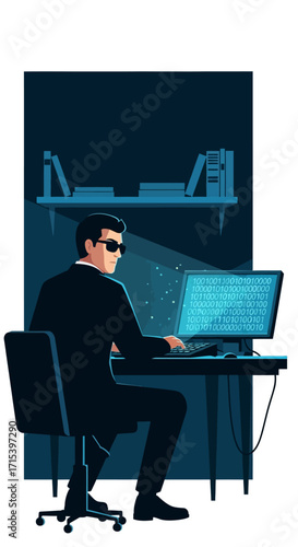 A hacker sits at his computer late at night, working on code.