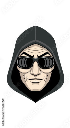 A stylized illustration of a person wearing a black hooded sweatshirt and dark sunglasses, with a menacing expression.