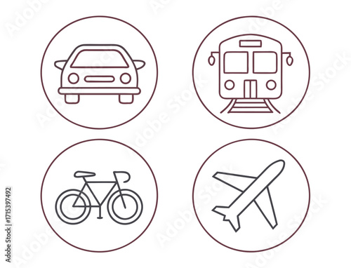 Icons depicting different modes of transport car train bicycle and plane