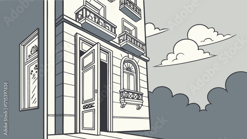 Vintage building architecture with open door and balcony vector illustration drawing design art