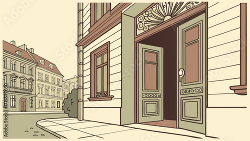 Illustration of vintage building facade with open door and street view architecture design style