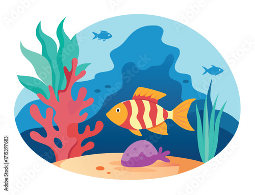 Cartoon sea life illustration with fish coral and algae on sand bottom