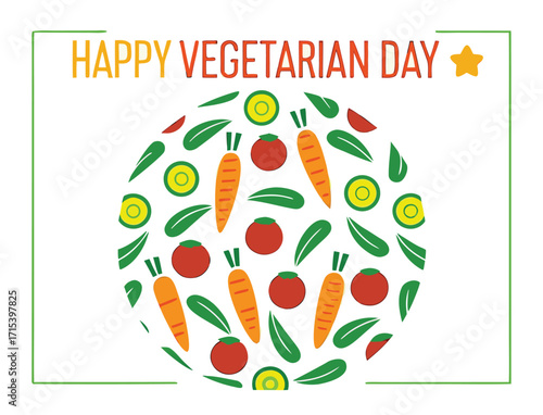 Colorful happy vegetarian day banner with fresh vegetables and leaves design