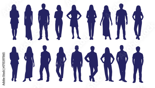 Diverse group silhouette shows both males and females standing in various poses on transparent background