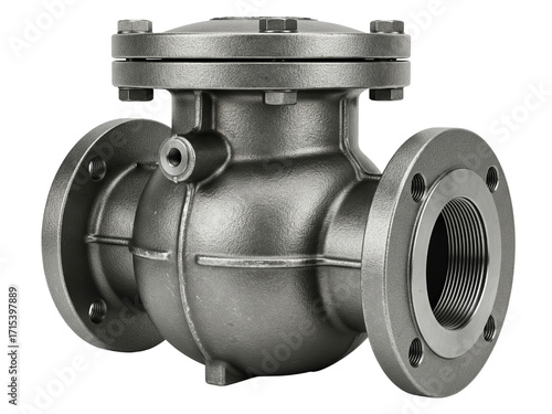 Industrial cast iron steam trap check valve with flanged ends on a transparent background