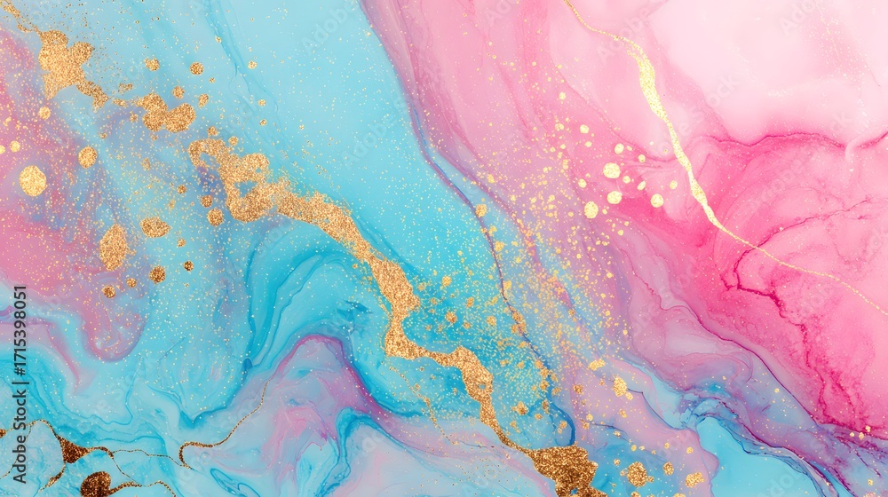 Fototapeta premium A vibrant abstract painting featuring swirling pink and blue colors with gold accents