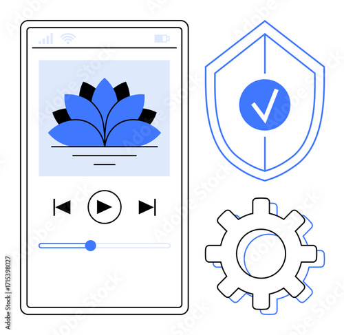 Smartphone screen featuring meditation app with flower graphic and playback controls, shield with checkmark, gear icon. Ideal for wellness, technology, self-care, privacy, productivity, UI design
