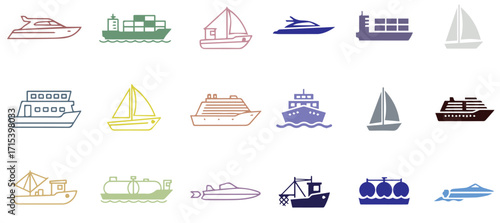 Vector collection of boat and ship icons featuring yachts, sailboats, cruise liners, cargo ships, ferries, and fishing boats. Minimal and clean nautical transport symbols for travel design, marine i