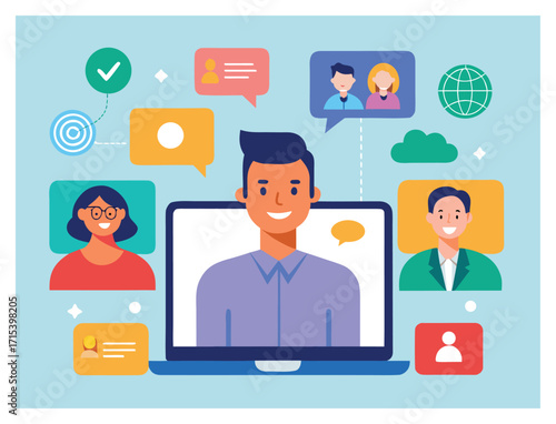 Illustration of a video conference call or online meeting on a laptop