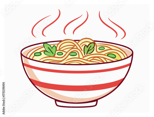 Steaming bowl of delicious noodles with herbs and flavorful broth illustration