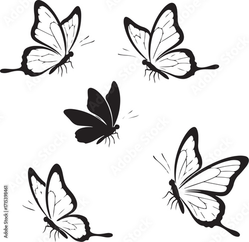 Collection of five delicate butterflies silhouette