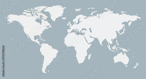 Simple muted world map with flat light blue background, continents outlined for global geography, navigation, and infographic design.