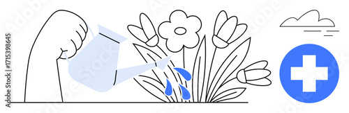 Hand pouring water over blooming flowers with drops and a health cross icon. Ideal for wellness, growth, nurturing, self-care, healthcare, gardening, and recovery. Simple flat metaphor