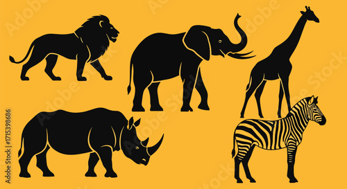 Silhouettes of African animals including lion, elephant, giraffe, rhino, and zebra, on yellow background symbolizing wildlife and safari.