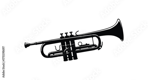 A black and white illustration of a brass musical trumpet instrument