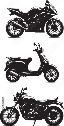 Three distinct motorbikes and scooters silhouette
