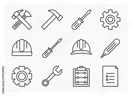 Construction and repair tools in simple line art style on white background