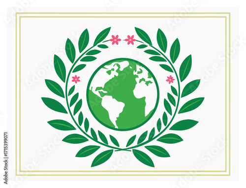 Green earth logo with leaf wreath and flowers promoting ecology protection