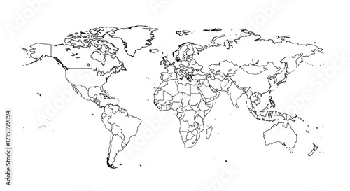 Thin outline political world map in minimal black and white style, clean geography reference for study, travel, and infographic design.