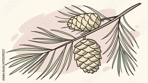Illustration of pine cone branch with needles for christmas holiday and winter botanical design