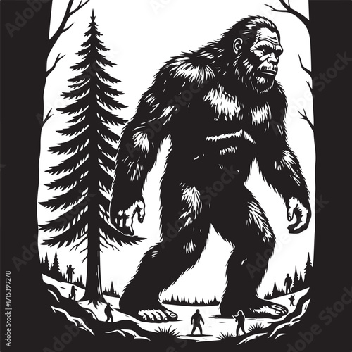 Mysterious bigfoot creature roaming forest silhouette