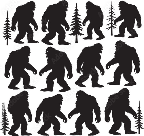 Silhouette bigfoot figures and pine trees silhouette