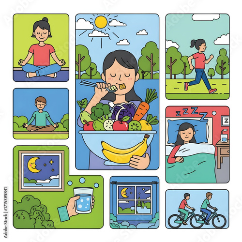 Colorful graphic illustrations showcasing various aspects of a healthy lifestyle including diet, exercise, meditation, and sleep.