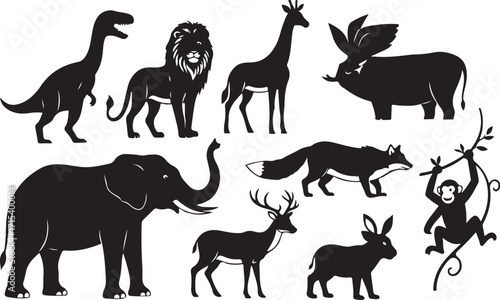 Collection diverse silhouette animals safari jungle silhouette