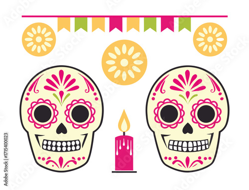 Dia de los Muertos Illustration with Skulls Candle and Decoration elements
