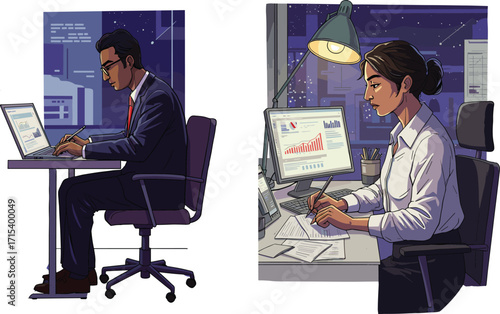 Businessman and businesswoman working late at office desk with laptop and computer, analyzing charts, data reports, financial research, overtime illustration.