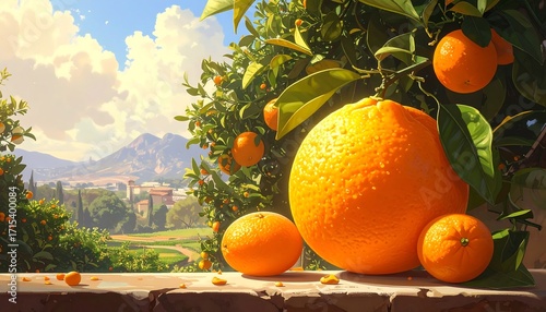 A vibrant still life of plump oranges resting on a stone ledge, bathed in the warm sunlight of a picturesque orchard, showcasing a beautiful view of a valley and mountains.