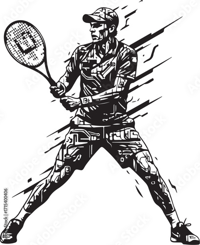 Dynamic tennis player action sketch art silhouette