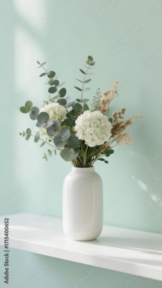 Fototapeta premium White vase with dried flowers and eucalyptus on a shelf against a light blue wall