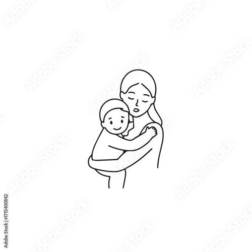 Black and white line art of a beautiful mother lovingly embracing her baby minimalist tender illustration